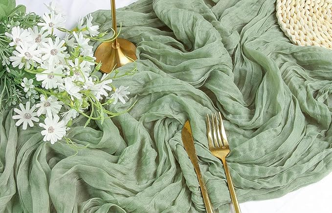 FEXIA Cheesecloth Table Runner Sage Green for Woodland Baby Shower Bridal Wedding Decoration Gauze Rustic Table Runner for Party First Communion Centerpiece Engagement 35x120 Inches