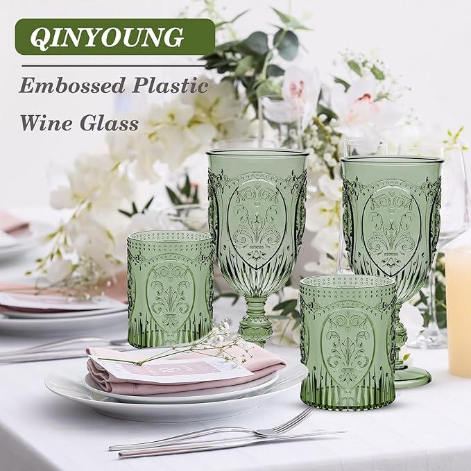 24 Plastic Vintage Drinking Glasses 8.5oz Stemless Retro Embossed Wine Glasses Shatterproof Reusable Cups for Baby Shower Wedding Reception Grand Event Party (Dark Green)