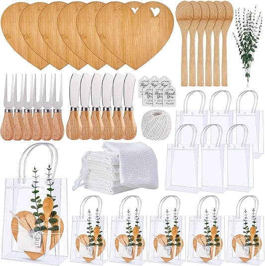 55Pcs Baby Shower Prizes for Game Winners 6 Sets Charcuterie Board with Spoons Butter Spreaders Forks Plaid Towel Thanks Card and Gift Bags for Bridal Shower Favors Party (Heart Shaped)
