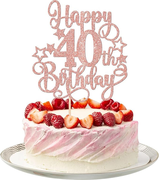 1 PCS Happy 40th Birthday Cake Topper Glitter Cheers to 40 Years Birthday Cake Pick Hello 40 Fabulous Cake Decoration for Happy 40th Birthday Anniversary Party Decorations Supplies Rose Gold