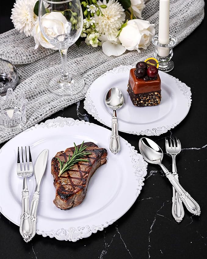 Nervure 90PCS Silver Plastic Silverware - Heavy Duty Disposable Cutlery Set, Luxury Silver Plastic Utensils include 30Pcs Forks, 30Pcs Spoons, 30pcs Knives. Perfect for Wedding, Party, Daily Use