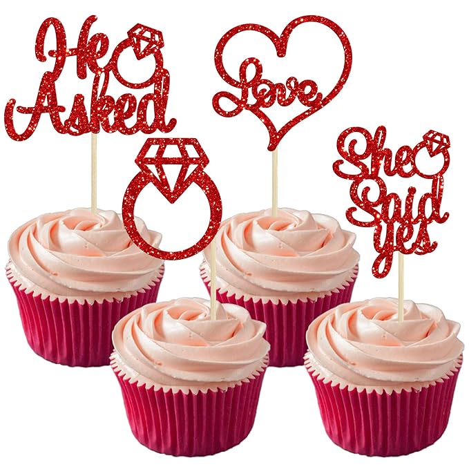 Gyufise 24 Pieces Red Glitter Engagement Cupcake Toppers He Asked She Said Yes Diamond Ring Heart Cupcake Picks for Wedding Bridal Shower Party Cake Decorations