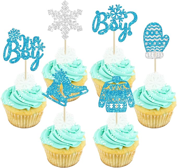 24Pcs Snowflake It's a Boy Cupcake Toppers Glitter Gloves Sweater Winter Frozen Cupcake Picks Wonderland Boys Birthday Baby Shower Cake Decorations Party Supplies Blue