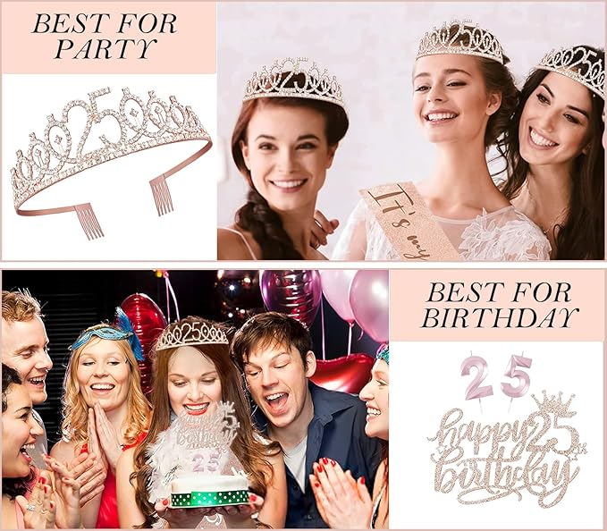 25th Birthday Decorations Gifts for Women, Including 25 year old Cake Topper, Queen Sash with Pearl Pin, Sweet Rhinestone Tiara Crown, Number Candles and Balloons Set, Rose Gold
