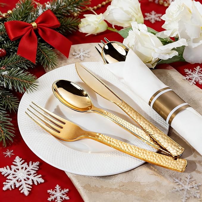 WELLIFE 300PCS Gold Plastic Cutlery,Pre Rolled Silverware Set Disposable,Gold Disposable Utensils,Includes: 75 Forks, 75 Knives, 75 Spoons, 75 Napkins, Christmas Silverware