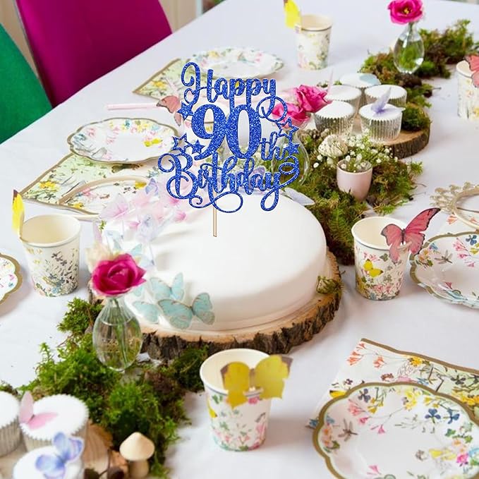 1 PCS Happy 90th Birthday Cake Topper Glitter Cheers to 90 Years Birthday Cake Pick Hello 90 Fabulous Cake Decoration for Happy 90th Birthday Anniversary Party Decorations Supplies Blue