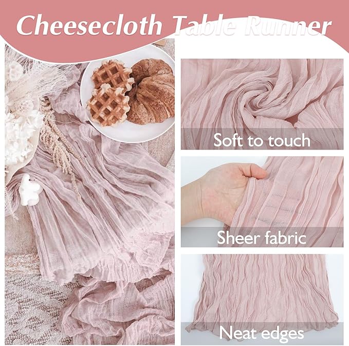 1 Pack Cheesecloth Table Runner Rustic Sheer Boho Gauze 35 x 120 Inch Centerpiece Cheese Cloth for Bridal Baby Shower Summer Spring Decorations Dusty Pink