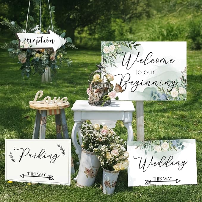 OurWarm 11 Pcs Wedding Direction Signs with Stakes, Wedding Welcome Signs Arrow Shaped Wedding This Way Directional Road Signs, Double Sided Printed Wedding Parking Sign Yard/Lawn Signs for Reception