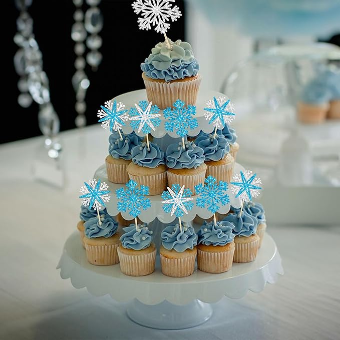 24Pcs Snowflake Cupcake Toppers Winter Frozen Winter Wonderland Cake Pick Decorations for Snowflake Theme Baby Shower Birthday Merry Christmas Party Supplies Blue