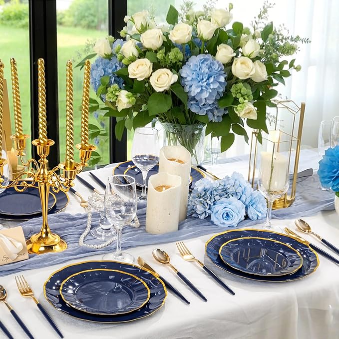 Supernal 102Pcs Dark Blue Plastic Silverware, Gold Plastic Cutlery with Dark Blue Handle, Gold Disposable Utensils Includes 34 Forks, 34 Spoons and 34 Knives for Mother's Day, Wedding, Theme Banquet
