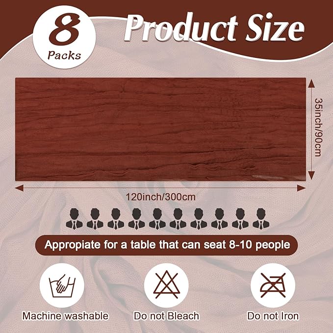 8 Pack Cheesecloth Table Runner Rustic Sheer Boho Gauze 35 x 120 Inch Centerpiece Cheese Cloth for Bridal Baby Shower Summer Spring Decorations Terracotta