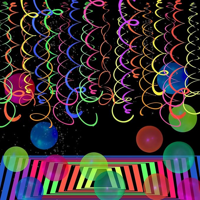 56 PCS UV Colorful Ceiling Swirl Decoration Hanging Paper Neon Streamer for Ceiling Neon Garlands Black Light Neon Decorations for Dark Glow Party Supplies and Decorations Birthday Neon Party Favors