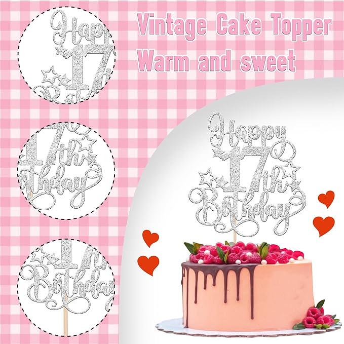 1 PCS Happy 17th Birthday Cake Topper Glitter Cheers to 17 Years Birthday Cake Pick Hello 17 Fabulous Cake Decoration for Happy 17th Birthday Anniversary Party Decorations Supplies silver