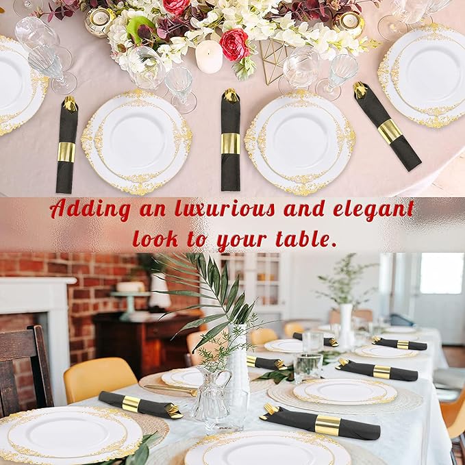 50 Pack Pre Rolled Gold Plastic Silverware Set,Fancy Wrapped Plastic Cutlery Set with Napkin Include 50 Forks,50 Spoons,50 Knives and 50 Black Napkins for Party, Wedding,Christmas