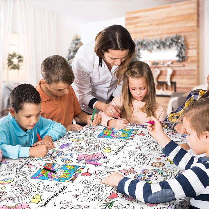 Gatherfun Magical Unicorn Birthday Party Supplies Color-in Disposable Paper Tablecloth | 54x88 in Rainbow Unicorn Party Decorations Set for Kids Birthday, School & Special Events