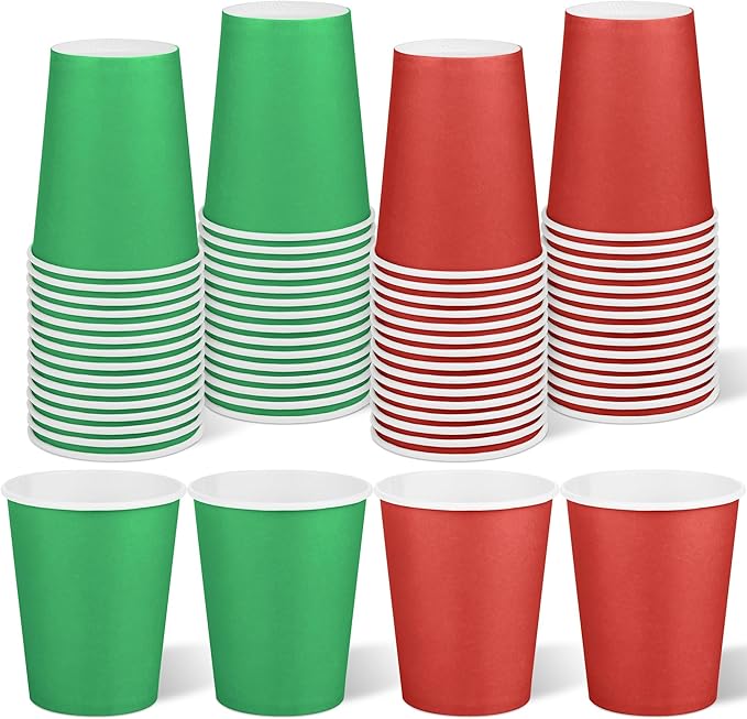 URATOT 60 Pieces 9 Ounce Disposable Paper Cups Christmas Party Cups Red Green Drinking Cups for Party, DIY, and Holiday, 2 Colors