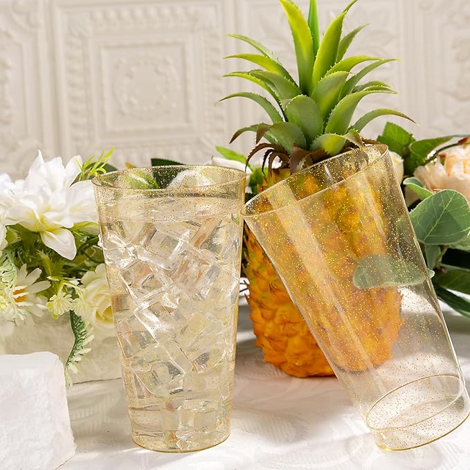 I00000 16 oz Gold Plastic Cups, 100 Pack Gold Glitter Plastic Cups Tumblers Disposable Party Cups Wedding Cups, Heavy-duty Plastic Disposable Cups Ideal for Halloween,Thanksgiving & Christmas Parties