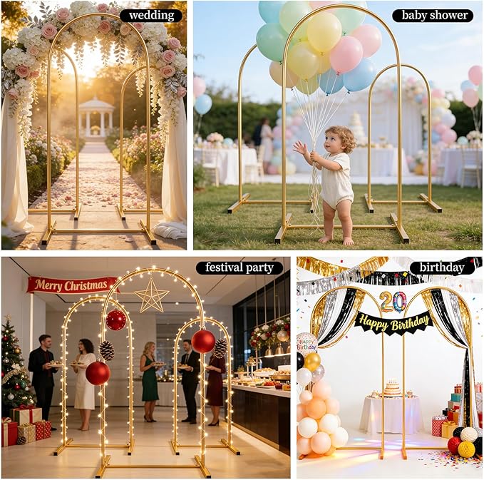 Metal Arch Backdrop Stand Set of 3, Heavy-Duty Balloons Arch Frame for Wedding Ceremony, Party, Baby Shower, Birthday Decorations (Gold, 7.2ft+6.6ft+6ft)