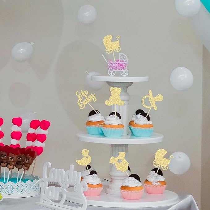 Gyufise 36Pcs Oh Baby Cupcake Toppers Glitter Bear Pacifier Baby Carriage Cupcake Picks Gender Reveal Cake Decorations for Kids Birthday Party Supplies Gold