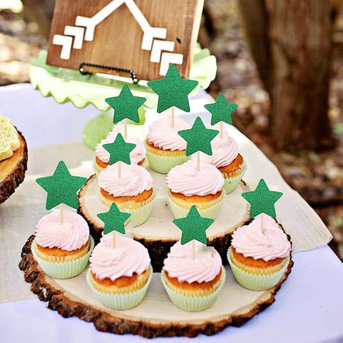 30 PCS Star Cupcake Toppers Glitter Assembled Twinkle Star Cupcake Picks Wedding Engagement Bridal Shower Birthday Party Cake Decorations Supplies Mixed Size Green