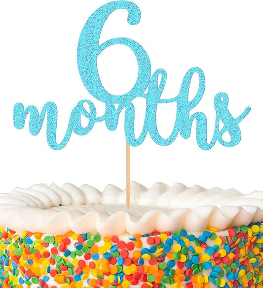 6 Months Cake Topper - Golden Glitter 1/2 Birthday Cake Decorations, Perfect for Baby Shower/Gender Reveal Party/Baby Party Photo Booth Props (Light Blue)