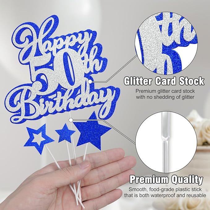 Happy 50th Birthday Cake Topper 50 Birthday Cake Decorations, Happy 50th Birthday Anniversary Party Cake Decorations for Men Women, Blue Silver Glitter