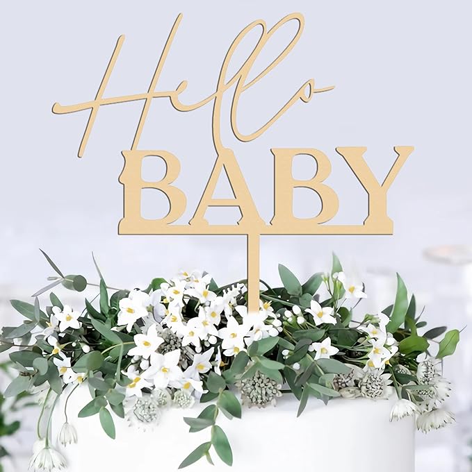 Hello Baby Cake Topper - Wooden Baby Shower Cake Decorations for Boys and Girls, Gender Reveal Cake Topper, for Baby Shower/Gender Reveal Party/Baby Party Photo Booth Props