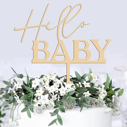 Hello Baby Cake Topper - Wooden Baby Shower Cake Decorations for Boys and Girls, Gender Reveal Cake Topper, for Baby Shower/Gender Reveal Party/Baby Party Photo Booth Props