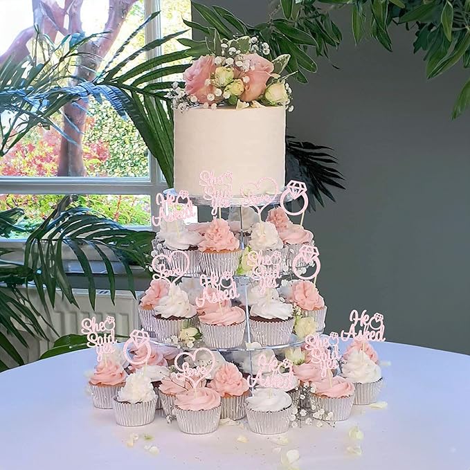 Gyufise 24 Pack He Asked She Said Yes Cupcake Toppers Light Pink Glitter Heart Ring Cupcake Picks Wedding Engagement Bridal Shower Party Cake Decorations Supplies