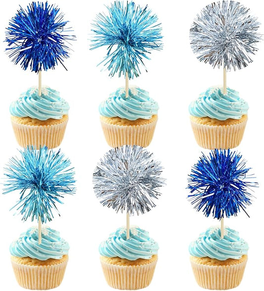 Gyufise 30Pcs Foil Firework Cupcake Toppers Sparkle Tinsel Cake Toppers Tinsel Drink Cake Decoration Cocktail Picks for Birthday Wedding Graduation Party Supplies Blue Silver