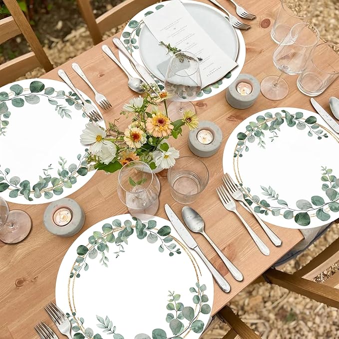 Disposable Paper Placemats - 100 Pack Green Eucalyptus Leaves Round Table Mats, 13.7 Inch, Perfect for Birthday, Baby Shower, Party Decoration