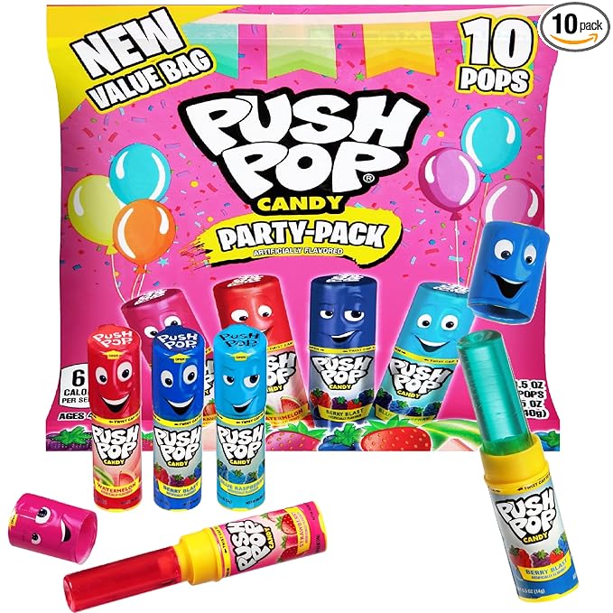 Push Pop Christmas Candy Variety Pack, 10 Ct Lollipops Individually Wrapped in Fruity Flavors, Bulk Individually Wrapped Hard Candy, Birthday Party Favors, Stocking Stuffers, Kids Gifts