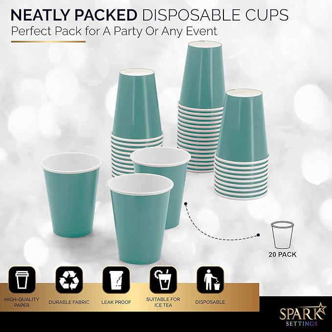 Disposable Paper Cups, 9 oz. Light Blue Paper Coffee Cups, Strong and Sturdy Coffee Disposable Cups for Party, Wedding, Thanksgiving Day, Christmas, Halloween Hot Cups, Pack of 20