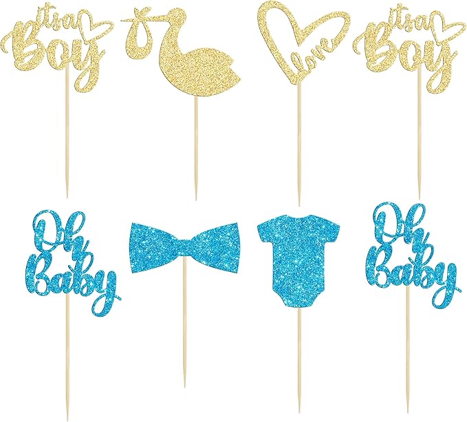 Gyufise 36 Pack Oh Baby Cupcake Toppers Assembled It's a Boy Cupcake Toppers with Tie Onesie Love Heart Glitter Cake Picks Decorations for Baby Shower Boy Birthday Party Supplies