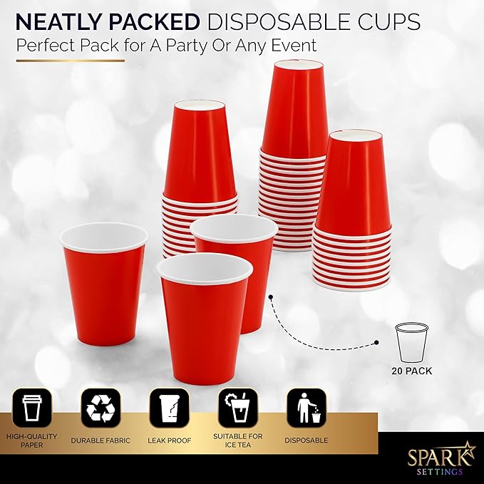 Disposable Paper Cups, 8 oz. Red Paper Coffee Cups, Strong and Sturdy Coffee Disposable Cups for Party, Wedding, Thanksgiving Day, Christmas, Halloween Hot Cups, Pack of 20