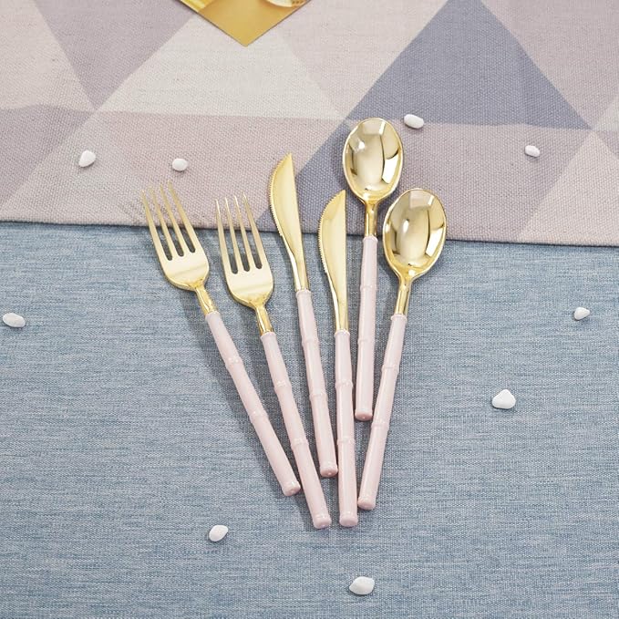 WDF 180Pieces Gold Plastic Silverware-Gold Plastic Cutlery with Pink Handle- Heavyweight Disposable Flatware-Disposable Utensils Include 60 Forks,60 Spoons,60 Knives for Wedding/Party