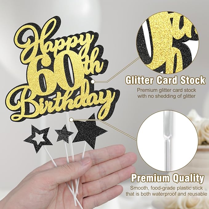 Happy 60th Birthday Cake Topper 60 Birthday Cake Decorations, Happy 60th Birthday Anniversary Party Cake Decorations for Men Women, Black Gold Glitter
