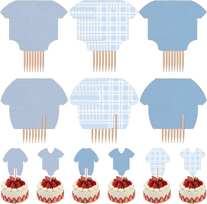 48Pcs Baby Shower Decorations Boy Cupcake Toppers Decorating, Blue Baby Shower Boy Cake Toppers Party Decorations Supplies, Blue Bodysuit Happy Birthday Decor Supplies Cake Decor