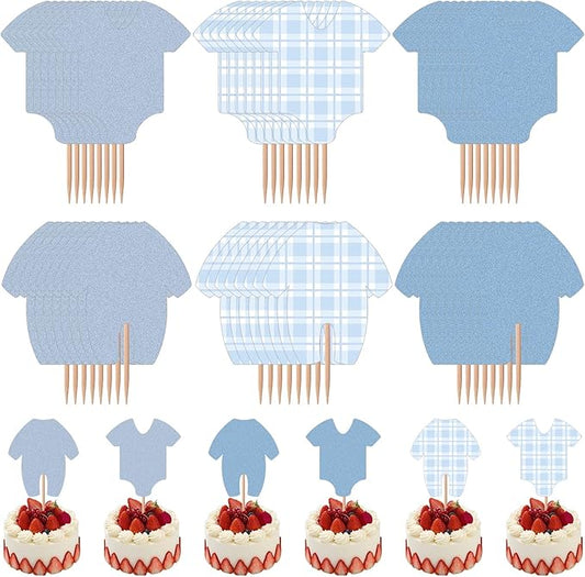 48Pcs Baby Shower Decorations Boy Cupcake Toppers Decorating, Blue Baby Shower Boy Cake Toppers Party Decorations Supplies, Blue Bodysuit Happy Birthday Decor Supplies Cake Decor
