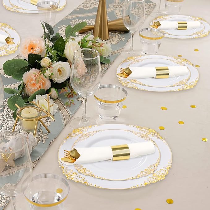 50 Pack Pre Rolled Gold Plastic Silverware Set,Fancy Wrapped Plastic Cutlery Set with Napkin Include 50 Forks,50 Spoons,50 Knives and 50 White Napkins for Party, Wedding,Christmas
