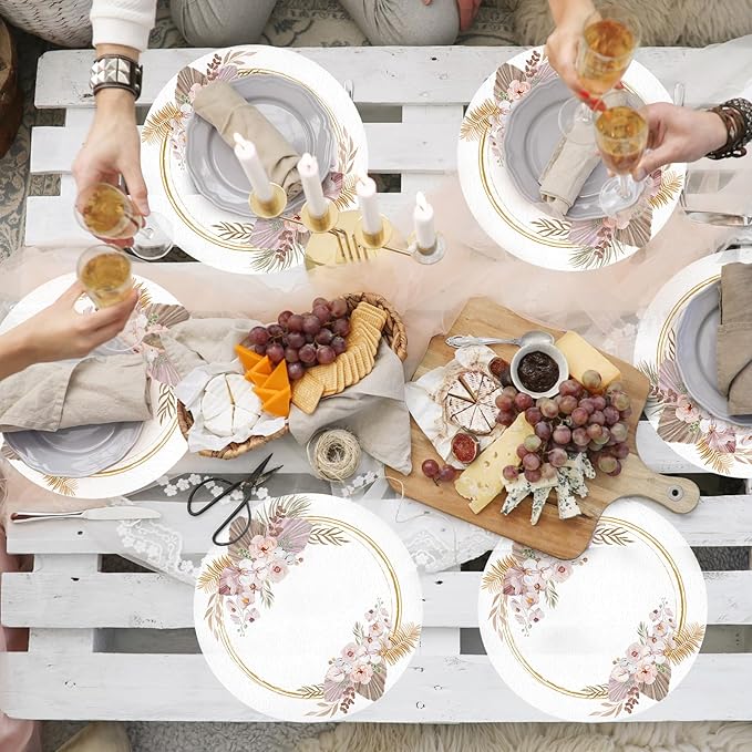 50 Pack Paper Placemats Disposable Boho Floral Leaves Place Mats 13.7 Inch Bohemian Round Table Mats for Birthday Spring Wedding Bridal Baby Shower Party Supplies