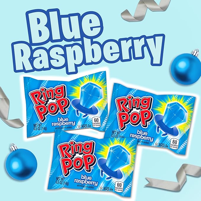 Ring Pop Individually Wrapped Blue Christmas Candy, 30 Ct Bulk Lollipop Pack, Raspberry Flavored Lollipop Suckers for Kids, Fun Candy Bulk for Stocking Stuffers, Christmas Gifts, Party Favors