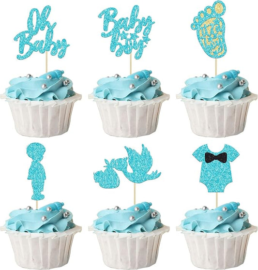 Ephlyn 24Pcs Boy Blue Cake Toppers, It's a Boy Cupcake Toppers with Swan Onesie Footprint, Baby Shower Theme Party Supplies, Decorations for Kids Boys Birthday Party Cake