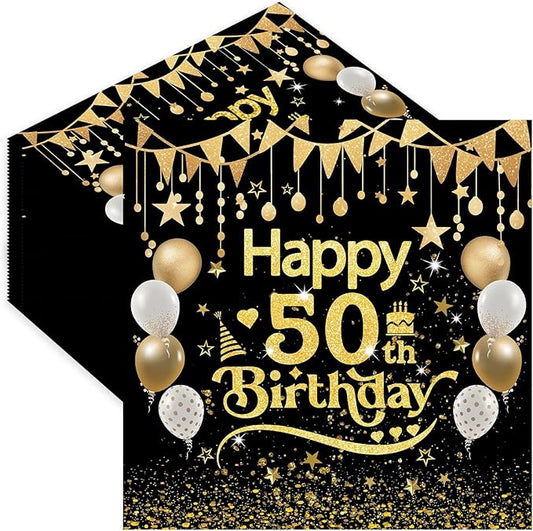 50pcs 50th Birthday Paper Napkins - 13 x 13 Inches Black and Gold Luncheon Napkins Cocktail Napkins Disposable Party Napkins Paper Beverage Napkins for Birthday Wedding Anniversary Decorations