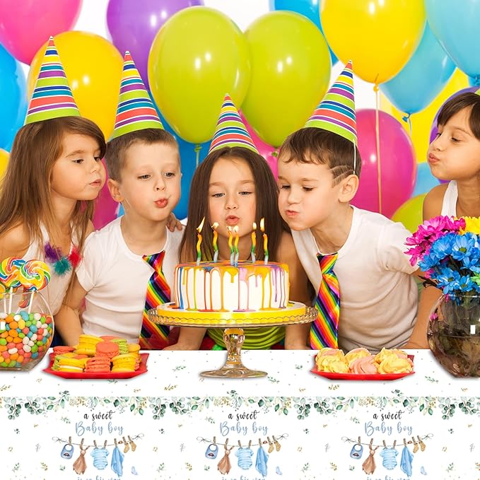 3 Pack Baby Shower Tablecloth Decorations, Baby Shower Decorations, Plastic Tablecloth Table Cover Backdrop for Baby Boy Gender Reveal Party Supplies, 54 x 108 Inch, Blue