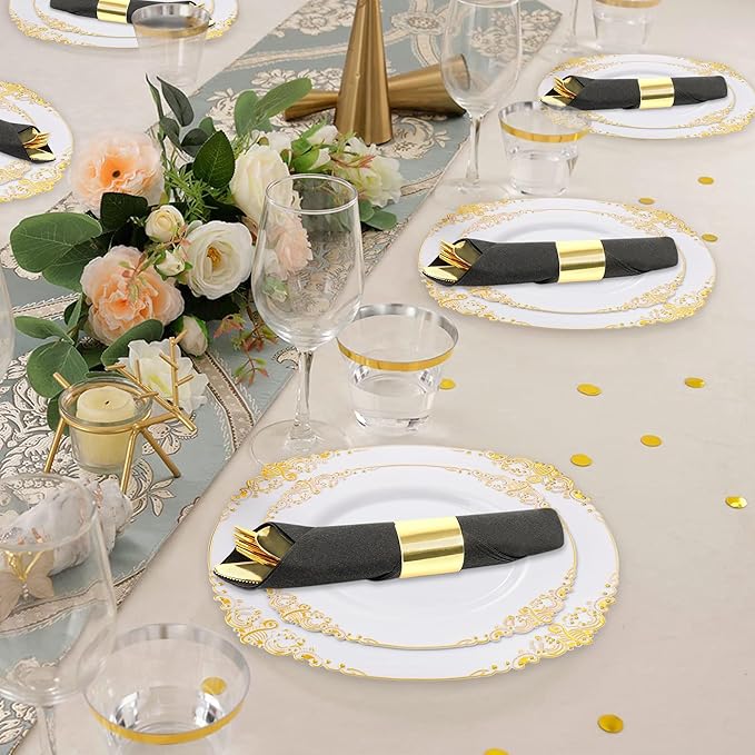 50 Pack Pre Rolled Gold Plastic Silverware Set,Fancy Wrapped Plastic Cutlery Set with Napkin Include 50 Forks,50 Spoons,50 Knives and 50 Black Napkins for Party, Wedding,Christmas