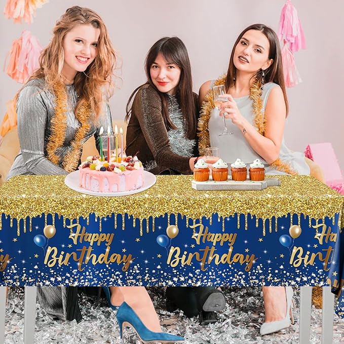 Happy Birthday Tablecloth,3pcs Navy Blue and Gold Table Cloths for Parties Glitter Birthday Decoration for Women Men’s 18th 21st 30th 40th 60th 70th Birthday Party Supplies