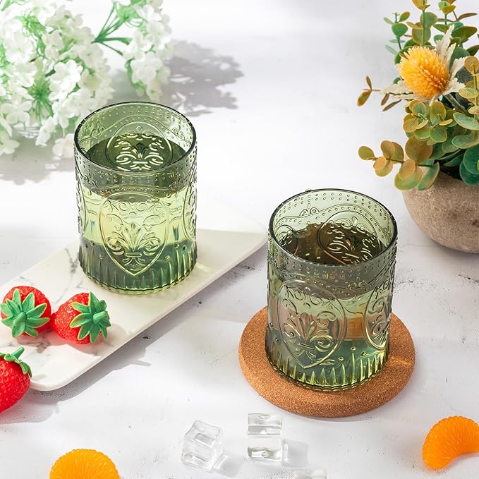 100 Plastic Vintage Drinking Glasses 8.5oz Stemless Retro Embossed Wine Glasses Shatterproof Reusable Cups for Baby Shower Wedding Reception Grand Event Party (Dark Green)