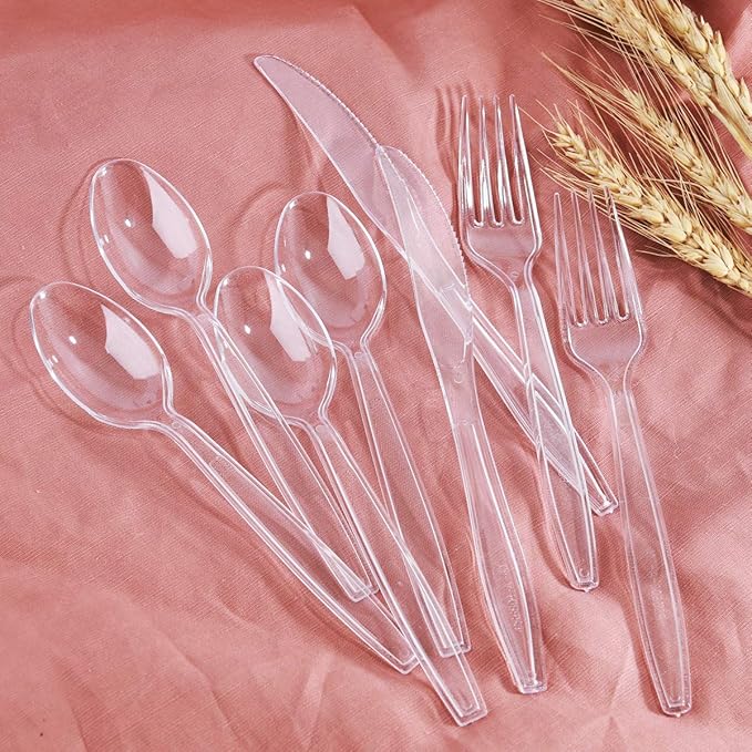 Supernal 400pcs Clear Plastic Silverware Heavy Duty Plastic Forks and Spoons Crystal Disposable Cutery Disposable Utensils Include 200 Forks and Spoons Perfect for Halloween Thanksgiving Christmas