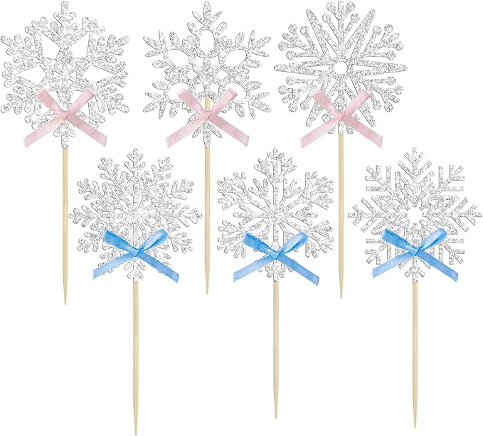 24Pcs Snowflake Cupcake Toppers Silver Glitter Pink Blue Bow Snowflake Gender Reveal Cake Toppers Decorations for Baby Shower Winter Wonderland Christmas Party Supplies